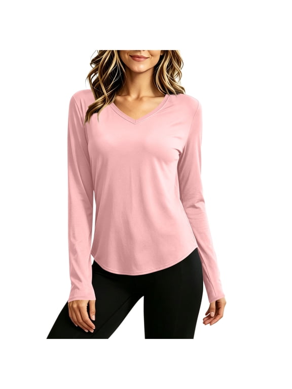 Women's V Neck Sport Top Long Sleeve Athletic T Shirt Curved Hem Loose Fit Workout Gym Everyday Activewear