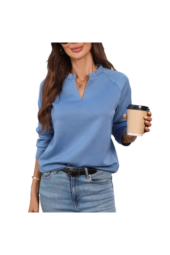 Women's V Neck Top Notched Collar Long Sleeve Raglan Sleeve Quilted Texture Pullover for Casual Work and Weekend Outings Versatile Blouse
