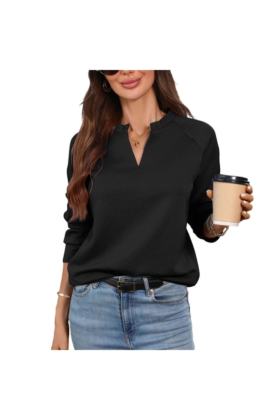 Women's V Neck Top Notched Collar Long Sleeve Raglan Sleeve Quilted Texture Pullover for Casual Work and Weekend Outings Versatile Blouse