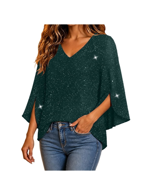 Women's V Neck Top Split Sleeve Cape Style Loose Fit Glitter Mesh Party Evening Wear