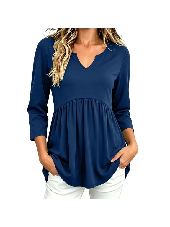 Women's V Neck Tunic Top 3/4 Sleeve Pleated Empire Waist Relaxed Loose Fit Casual Everyday Wardrobe Staple Blouse Tops