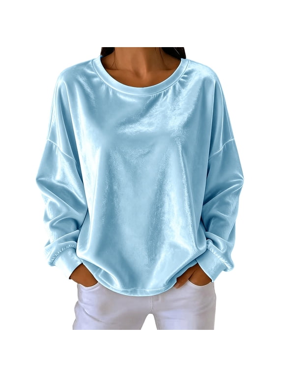 Women's Velour Top Round Neck Long Sleeve Drop Shoulder Relaxed Loose Fit Casual Everyday Wardrobe Staple Blouse Pullover