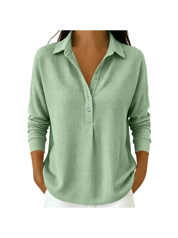 Women's Waffle Henley Top Collared Button Placket Long Sleeve Relaxed Loose Fit Curved Hem Casual Everyday Wear