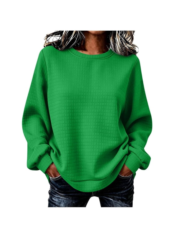 Women's Waffle Knit Top Crew Neck Long Sleeve Drop Shoulder Relaxed Loose Fit Ribbed Trim Casual Fall Winter Everyday Pullover Wardrobe Staple