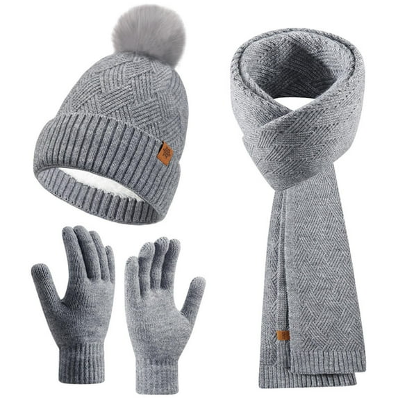 SuTry Women's Winter Double Velvet Padded Wool Three Piece Set with Hat Scarf Gloves Double Velvet Layers Lock in Heat Padded(Gray#1,Free Size)