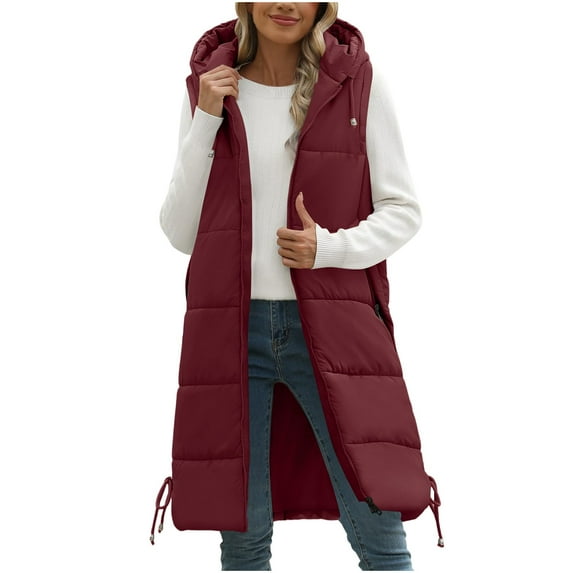 SuTry Women's Winter Fashion Hooded Vest Solid Color Long Length Sleeveless with Drawstring Casual Outerwear Vests for Women(Red#1,S)