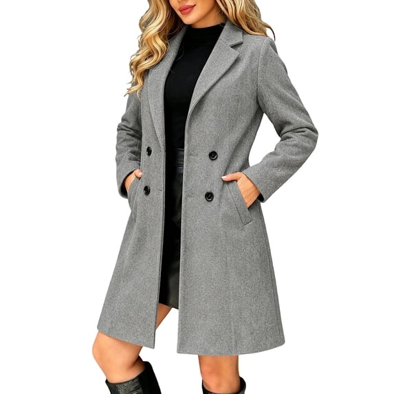 SuTry Women's Wool Coat, Double Breasted Notched Lapel Long Sleeve, Solid Color Slim Fit Mid Length Winter Overcoat, Everyday Business Casual Outerwear