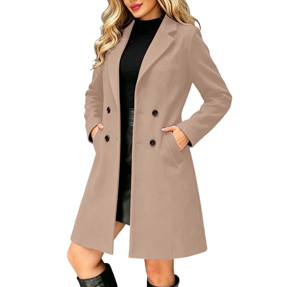 SuTry Women's Wool Coat, Double Breasted Notched Lapel Long Sleeve, Solid Color Slim Fit Mid Length Winter Overcoat, Everyday Business Casual Outerwear