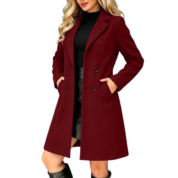 SuTry Women's Wool Coat, Double Breasted Notched Lapel Long Sleeve, Solid Color Slim Fit Mid Length Winter Overcoat, Everyday Business Casual Outerwear