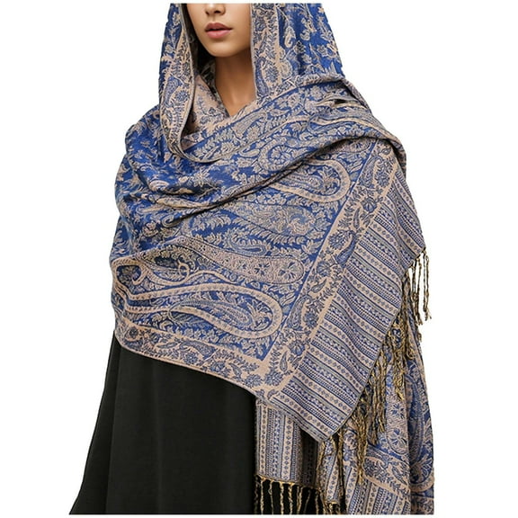 SuTry Women's Wool Scarves Soft Ethnic Style Hooded Shawl Warm with Paisley Pattern Tassels for Cold Weather Providing Warmth(Sky Blue,Free Size)