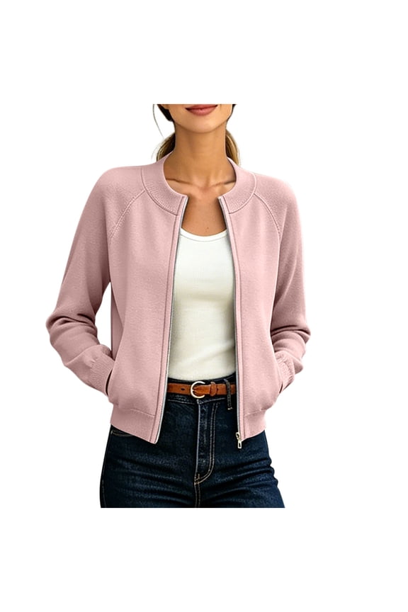 Women's Zip Up Jacket Crew Neck Raglan Sleeve Ribbed Trim Side Pockets Relaxed Fit Lightweight Casual Daily Wear Spring Outings Outerwear