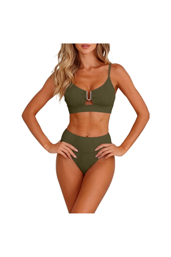 Womens 2 Piece Bikini Set U-Wire Cutout Swimsuit High Waisted Textured Summer Beach Swim Bathing Suits
