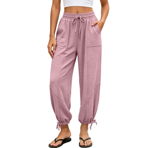SuTry Womens Adjustable Ankle Tie Jogger Pants Drawstring Elastic High Waist Front Patch Pockets Daily Workout Sport Casual Wear Trousers