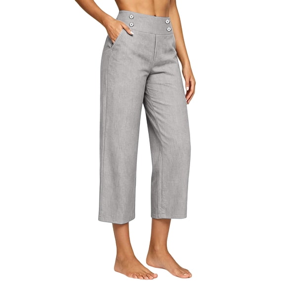 SuTry Womens Button Trim High Waist Capri Pants Hidden Elastic Waist Side Pockets Wide Leg Cropped Cut Plus Size Summer Daily Beach Casual Wear Trousers