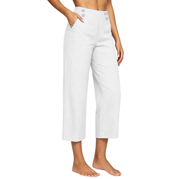 SuTry Womens Button Trim High Waist Capri Pants Hidden Elastic Waist Side Pockets Wide Leg Cropped Cut Plus Size Summer Daily Beach Casual Wear Trousers