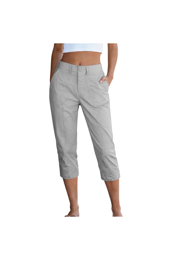 Womens Cargo Capri Pants High Waist Button Zip Closure Belt Loops Oversized Patch Front Pockets Daily Work Beach Outdoor Casual Wear Trousers