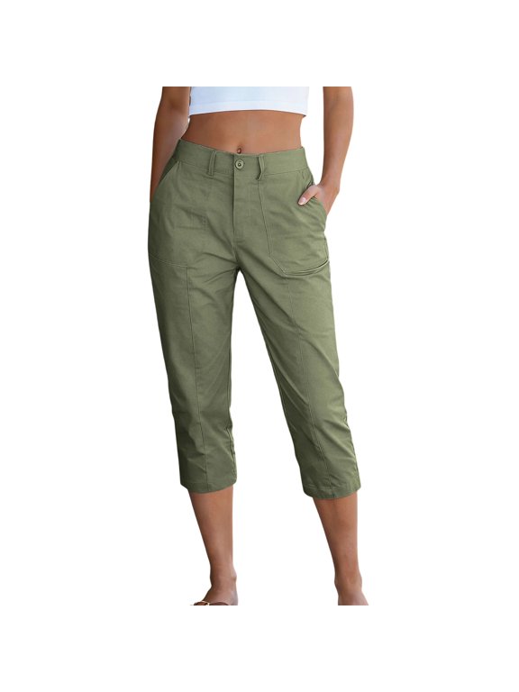 Womens Cargo Capri Pants High Waist Button Zip Closure Belt Loops Oversized Patch Front Pockets Daily Work Beach Outdoor Casual Wear Trousers