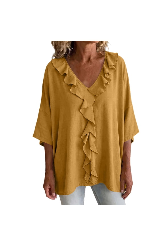 Womens Cascading Ruffle Deep V Neck Tunic Blouse Three Quarter Wide Sleeve Oversized Loose Casual Spring Summer Daily Wear Top