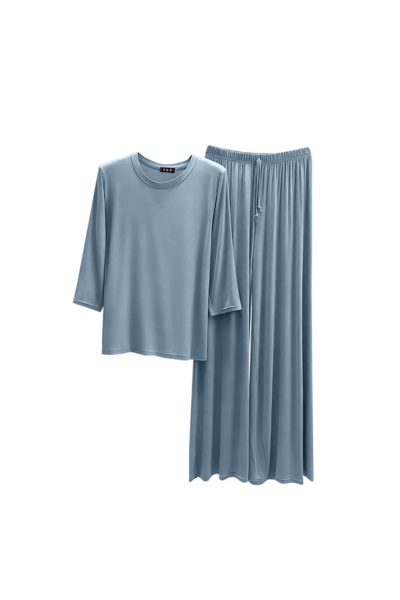 Womens Casual Sleepwear Set Soft Cozy 3/4 Sleeve Round Neck Solid Color Pajama Home Homewear Pajamas for Women Set(Light Blue,3XL)