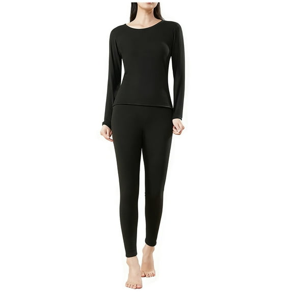 SuTry Womens Casual Sleepwear Set Soft Cozy Long Sleeve Round Neck Solid Color Pajama Top and Pants Home Homewear Pajamas for Women Set(Black#4,L)