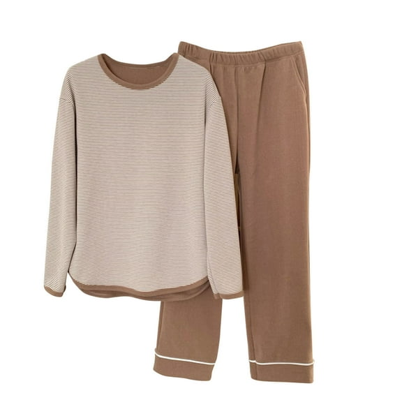 SuTry Womens Casual Sleepwear Set Soft Cozy Loose Long Sleeve Round Neck Solid Color Pajama Home Loungewear Pajamas for Women Set(Khaki#1,2XL)