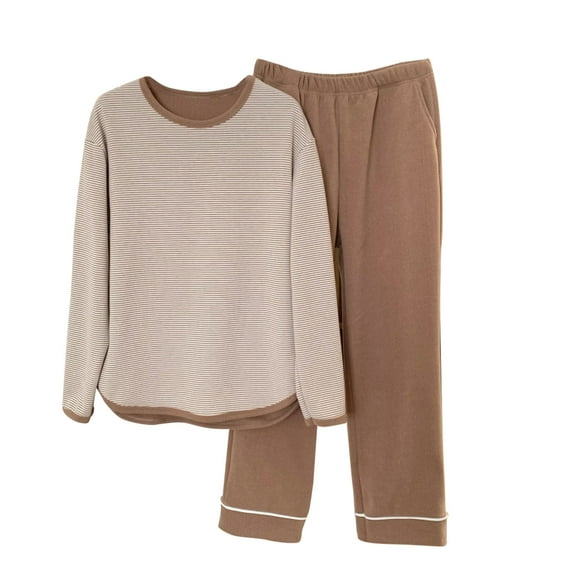 SuTry Womens Casual Sleepwear Set Soft Cozy Loose Long Sleeve Round Neck Solid Color Pajama Home Loungewear Pajamas for Women Set(Khaki#1,L)