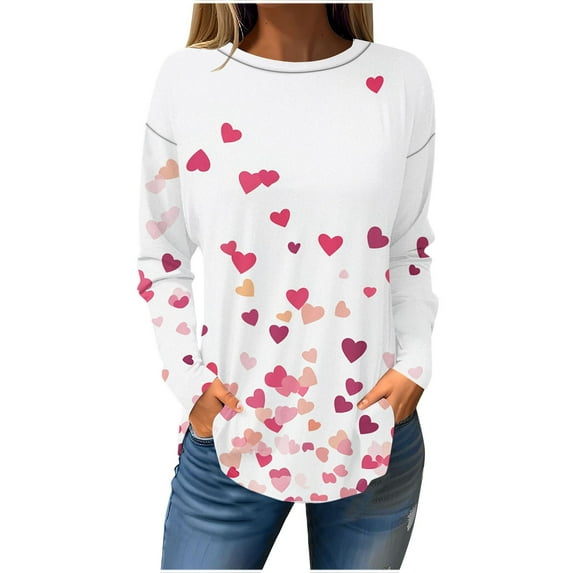 SuTry Womens Casual Valentine's Day Print Round Neck Long Sleeve Loose Fits Soft T-Shirt Top Everyday Blouse(Pink,3XL)