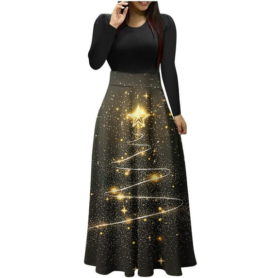 SuTry Womens Christmas Dress Festival Fashion Print Long Dress Round Neck Long Sleeve Casual Party Holiday Womens Christmas Gifts Dress(Gold,2XL)