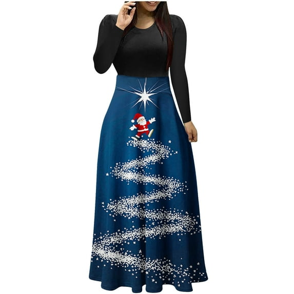 SuTry Womens Christmas Dress Festival Fashion Print Long Dress Round Neck Long Sleeve Casual Party Holiday Womens Christmas Gifts Dress(Navy,2XL)