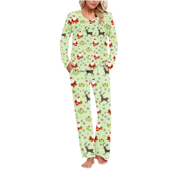SuTry Womens Christmas Print Pajama Set Round Neck with Pockets Cozy Breathable Homewear Tops and Pants Set Christmas Pajamas(Green#4,3XL)