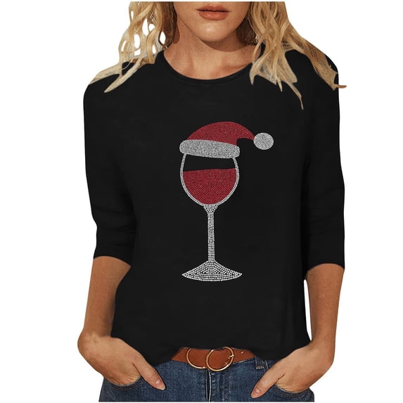 SuTry Womens Christmas Shirts 3/4 Length Sleeve Loose Hoodless Tops Fashion Casual Christmas Print Crew Neck Holiday Tops Pullover(Black#2,3XL)