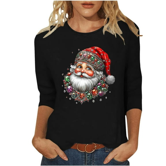 SuTry Womens Christmas Shirts 3/4 Length Sleeve Loose Hoodless Tops Fashion Casual Christmas Print Crew Neck Holiday Tops Pullover(Black,L)