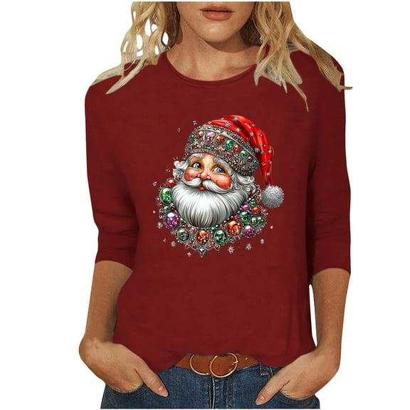 SuTry Womens Christmas Shirts 3/4 Length Sleeve Loose Hoodless Tops Fashion Casual Christmas Print Crew Neck Holiday Tops Pullover(Wine,S)