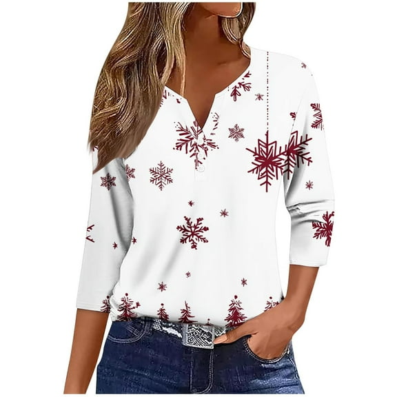 SuTry Womens Christmas Shirts 3/4 Length Sleeve Loose Hoodless Tops Fashion Christmas Print V Neck Holiday Tops Pullover(Wine,S)