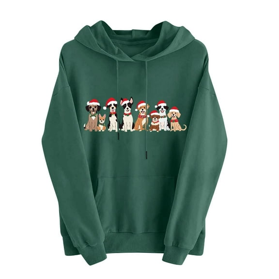 SuTry Womens Christmas Shirts Long Sleeve Hooded Tops with Pockets Funny Christmas Print Crew Neck Holiday Tops Pullover(Green,XL)