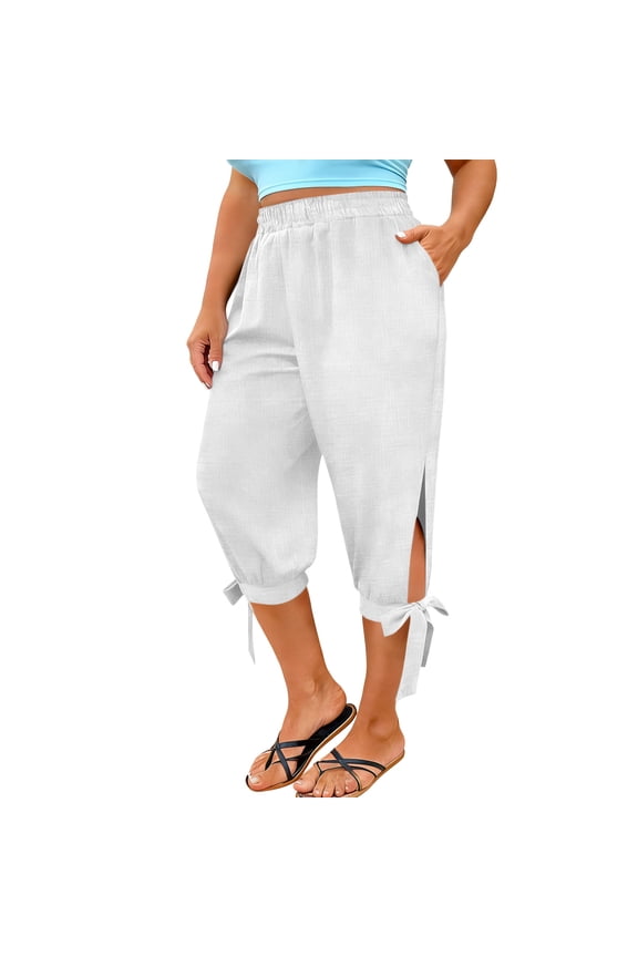 Womens Cropped Capri Pants Full Elastic High Waist Hidden Side Pockets Side Split Hem Adjustable Tie Ankle Cuff Summer Plus Size Home Beach Casual Wear Trousers