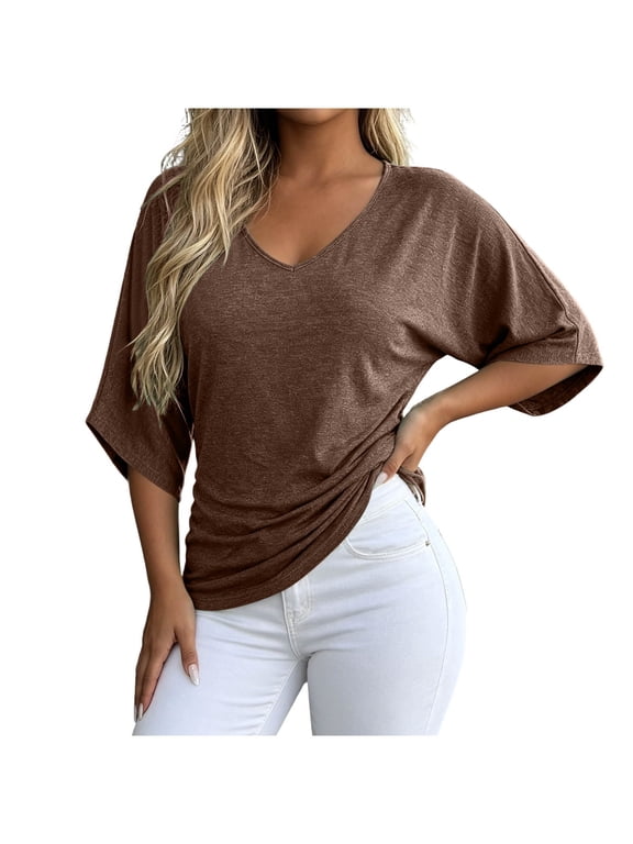 Womens Deep V Neck Blouse Batwing Three Quarter Dolman Sleeve Side Ruched Waist Slimming Curved Hem Relaxed Solid Knit Casual Office Spring Summer Daily Wear Top
