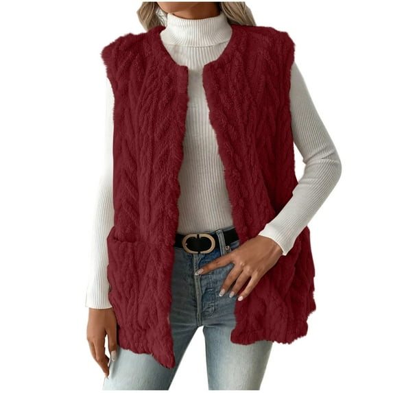 SuTry Womens Double Sided Fleece Vest Casual Warm Sleeveless Hoodless Vest Jacket Solid Color Fall Winter Warm Outerwear for Women(Red#1,S)