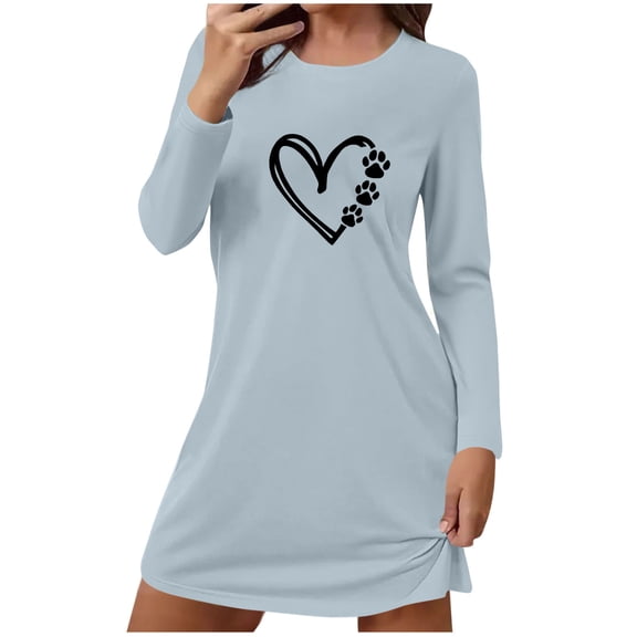 SuTry Womens Dress Fashion Print Round Neck Long Sleeve Dress Fall Winter Soft Casual Daily Dresses(Light Blue,S)