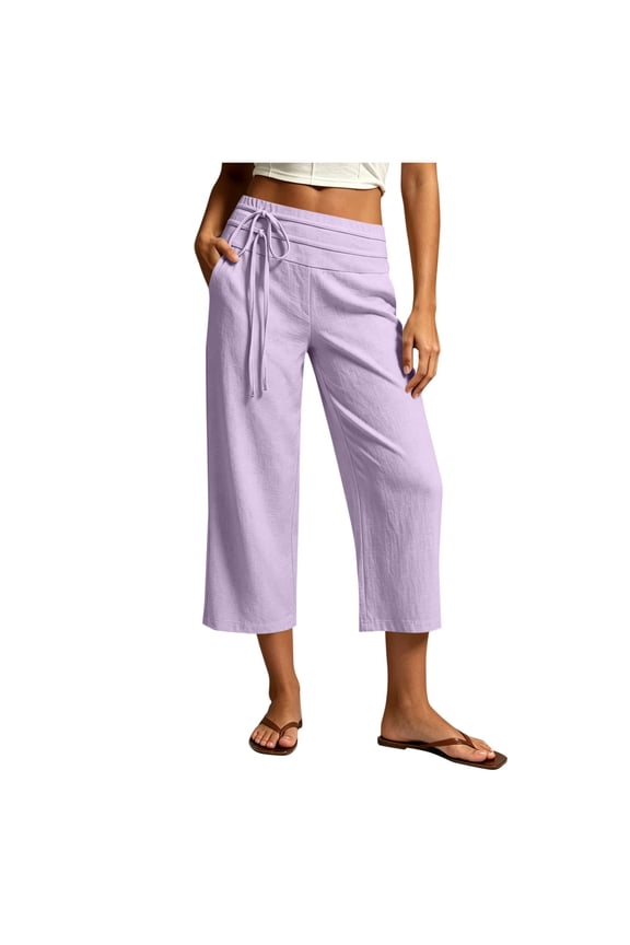 Womens Foldover Waist Straight Capri Pants Adjustable Front Drawstring Side Inseam Pockets Summer Beach Resort Daily Casual Wear Trousers