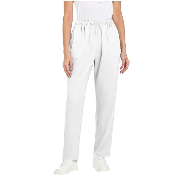 SuTry Womens Full Length Straight Leg Scrub Pants Full Elastic High Waist Side Cargo Patch Pockets Daily Work Casual Wear Trousers