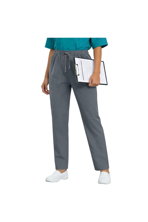 Womens Full Length Straight Scrub Pants Drawstring Elastic High Waist Multi Side Cargo Pockets Daily Work Uniform Casual Wear Trousers