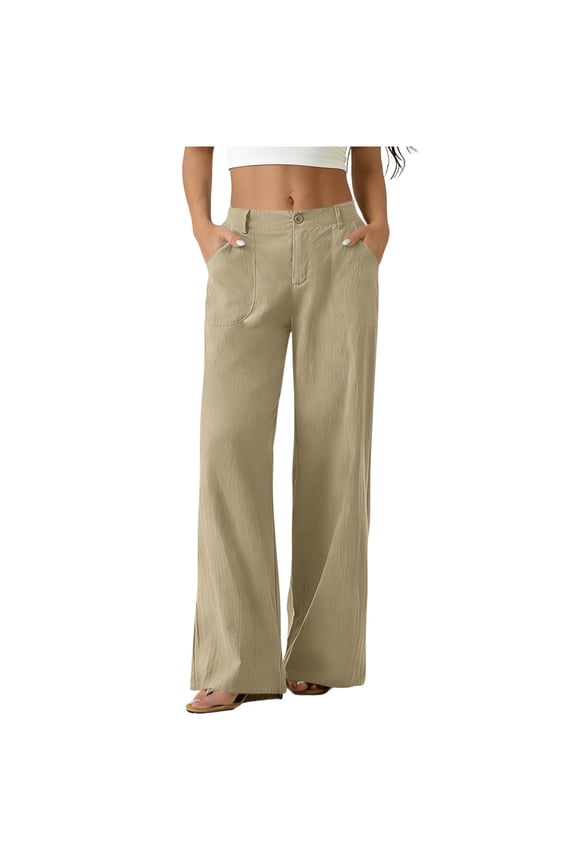 Womens Full Length Wide Leg Pants Button Fly High Waist Oversized Front Patch Pockets Side Slit Ankle Hem Spring Summer Daily Office Beach Casual Wear Trousers