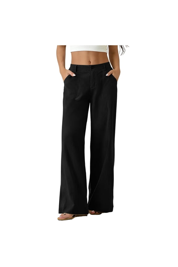 Womens Full Length Wide Leg Pants Button Fly High Waist Oversized Front Patch Pockets Textured Fabric Spring Summer Daily Office Beach Casual Wear Trousers