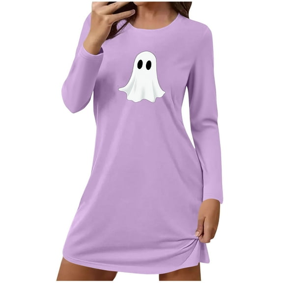 SuTry Womens Halloween Dress Fashion Festival Print Round Neck Long Sleeve Dress Fall Winter Soft Casual Daily Dresses(Purple#1,S)
