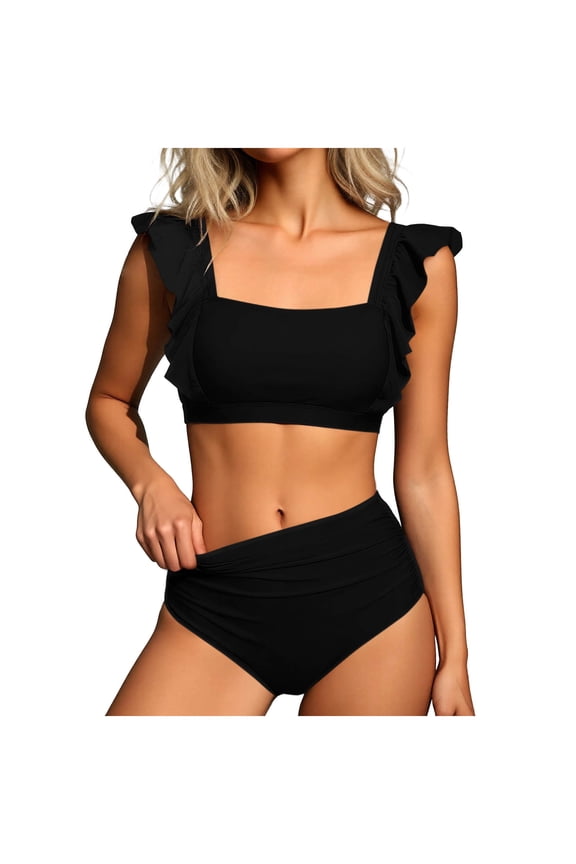 Womens High Waisted Bikini Sets Ruffle Tummy Control Swimsuits Full Coverage Cheeky Two Piece Bathing Suit