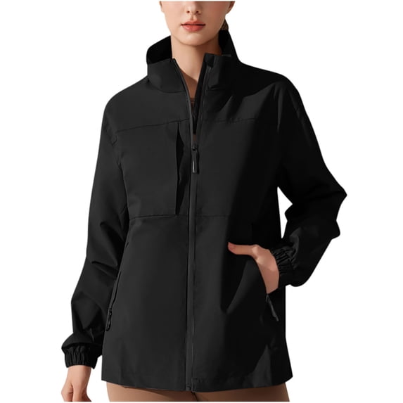 SuTry Womens Jacket Solid Color Stand Collar Hoodless Tops Fall Winter Long Sleeve Windproof Casual Jackets for Women(Black,2XL)