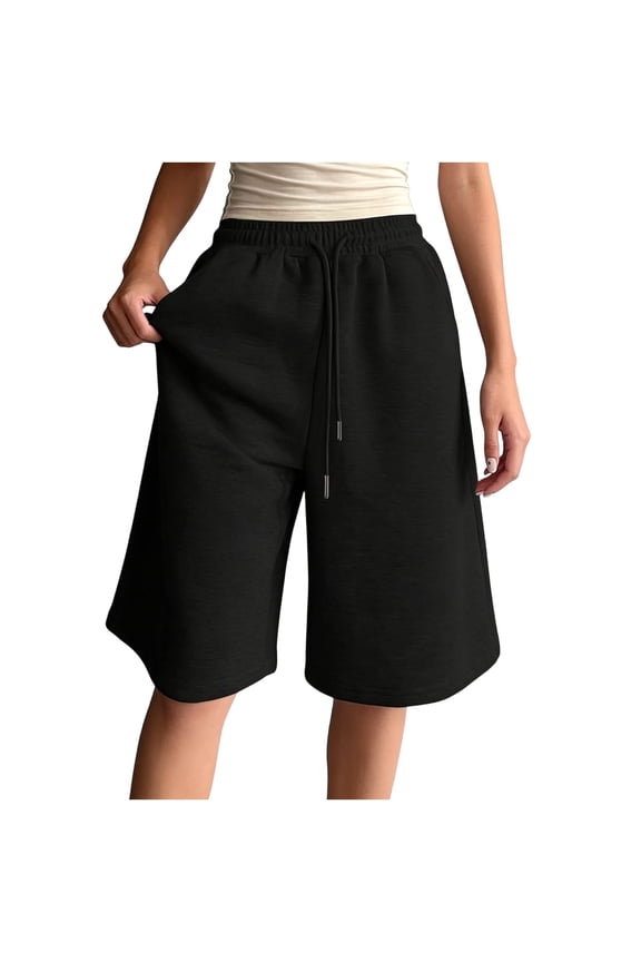 Womens Knee Length Bermuda Shorts Drawstring Elastic High Waist Hidden Side Inseam Pockets Soft Brushed Knit Fabric Daily Sport Casual Wear Bottoms
