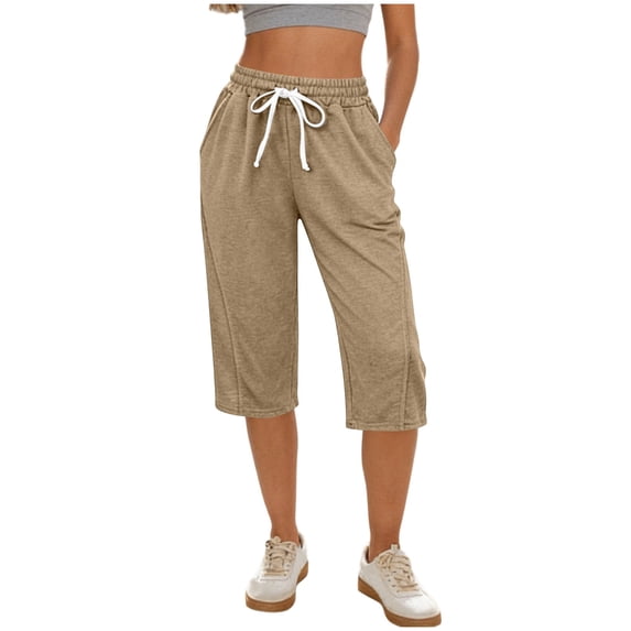 SuTry Womens Knee Length Capri Jogger Pants Drawstring Elastic High Waist Side Inseam Pockets Daily Home Workout Sleep Casual Wear Trousers