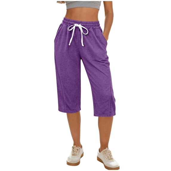 SuTry Womens Knee Length Capri Jogger Pants Drawstring Elastic High Waist Side Inseam Pockets Daily Home Workout Sleep Casual Wear Trousers